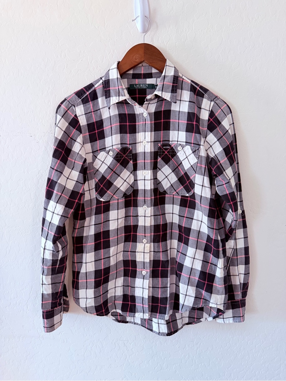 Lauren Ralph Lauren Plaid Button Down Shirt Pink Black White Size S‎ Fall